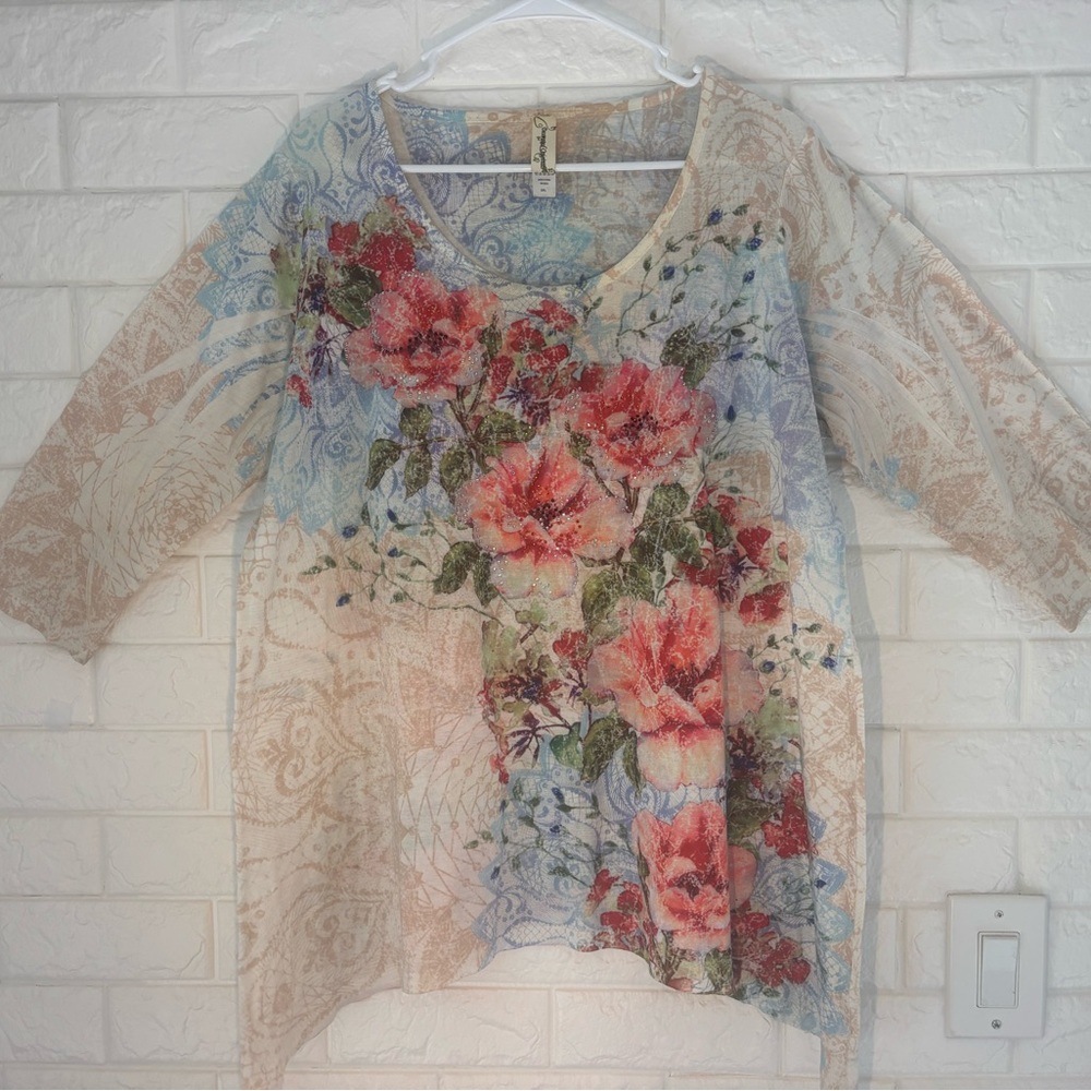 Decorated Originals Women’s Top 2XL Cream/Orange Sequins 3/4 Sleeve
